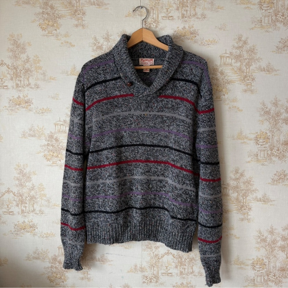 Vintage Midwest Traders gray multi  stripe wool shawl collar pullover sweater XL